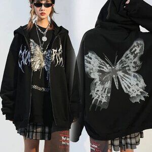 Women's Oversized Jacket Sweatshirt Warm Fleece Zipper Butterfly Coat Hoodie